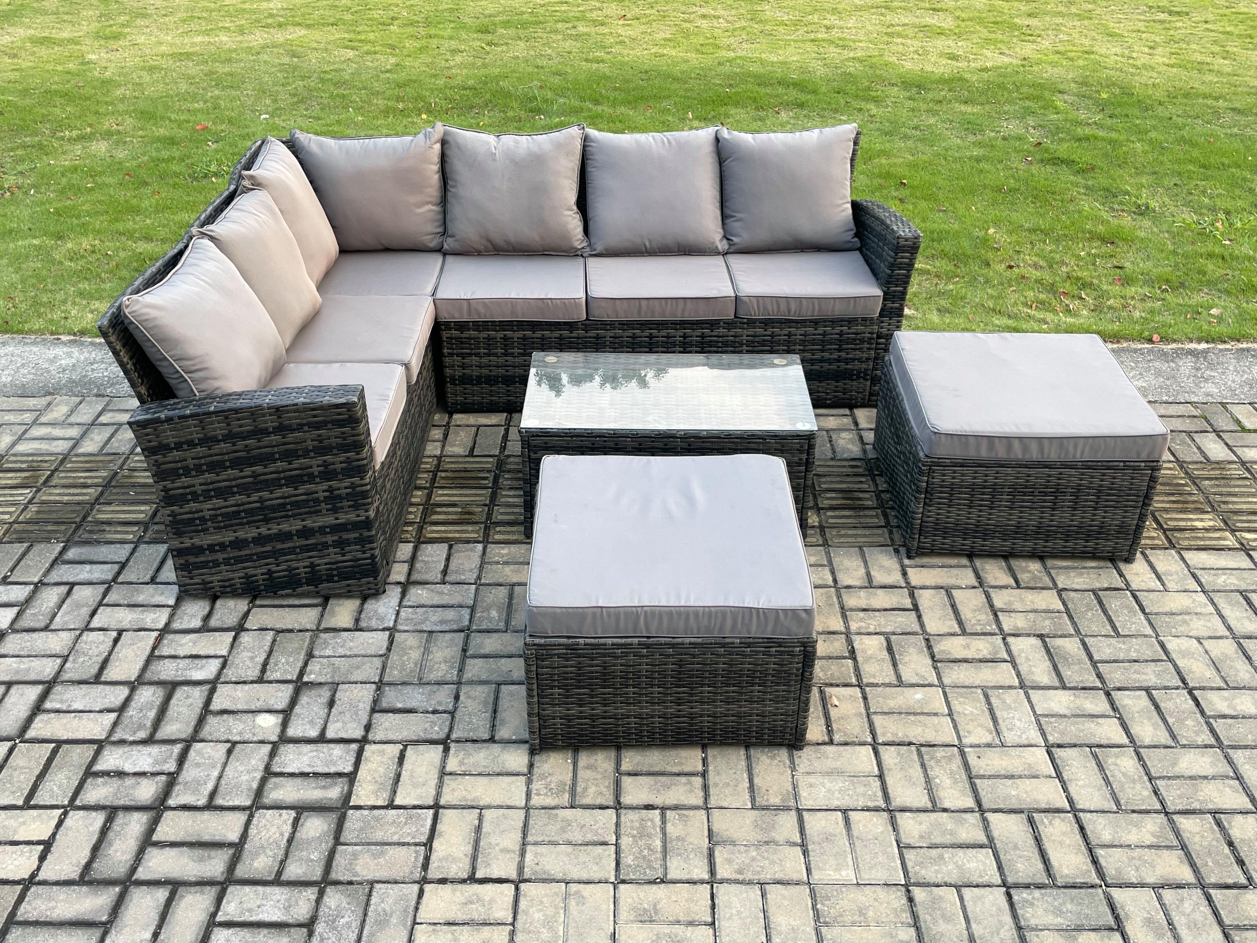 8 Seater High Back Outdoor Garden Furniture Set Rattan Corner Sofa Set With Big Footstool Dark Grey 